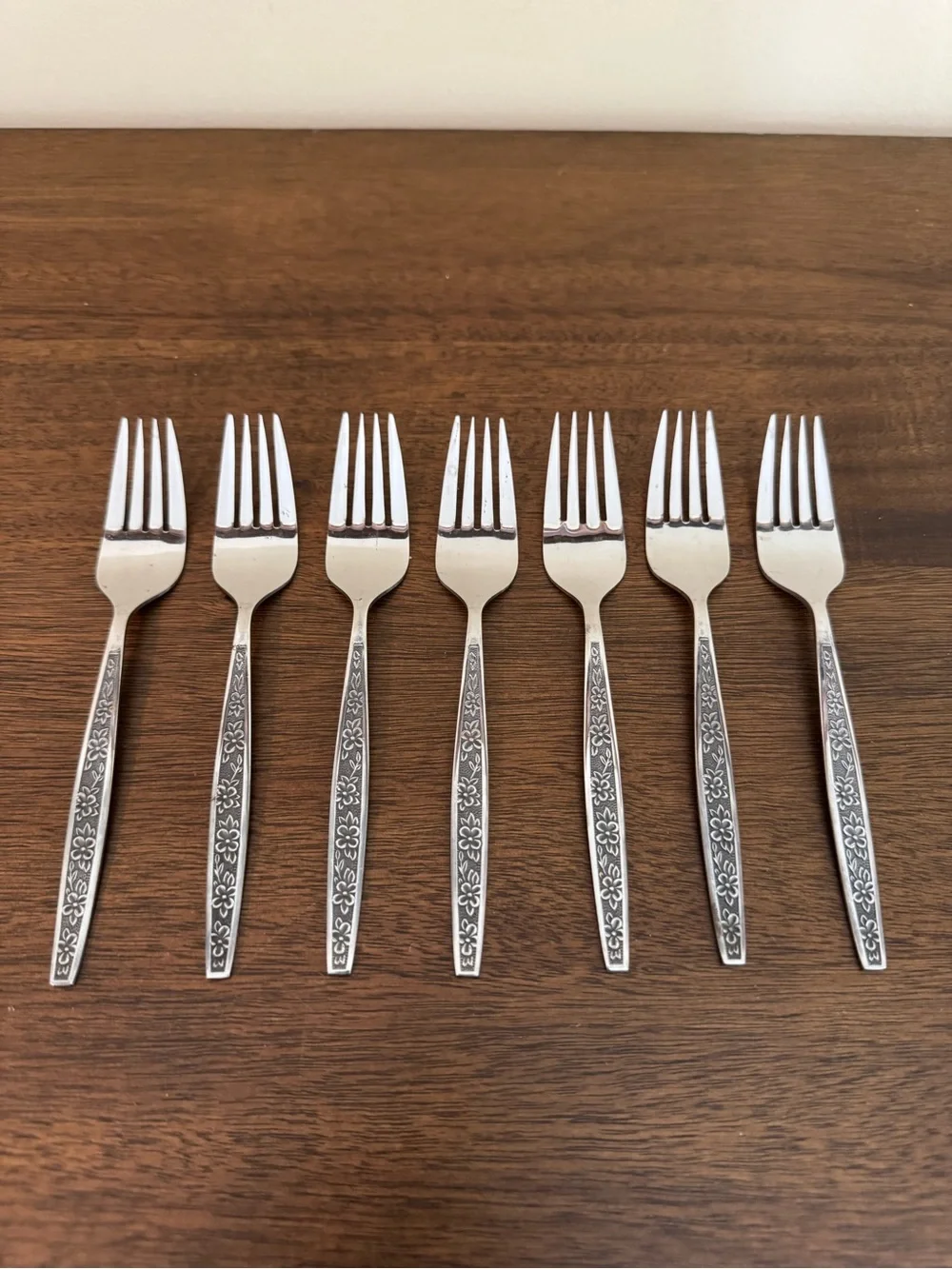 Mid Century Stanley Roberts Stainless Steel Japan 7 Pcs Fork Floral